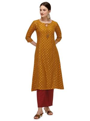 FIORRA Mustard Printed Muslin Silk A-line Long Kurtis 1