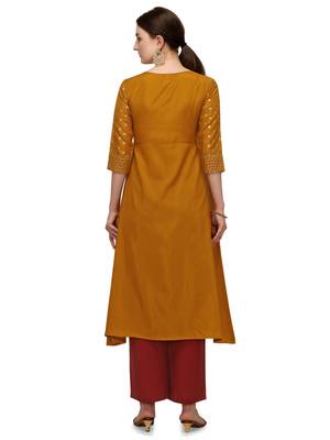 FIORRA Mustard Printed Muslin Silk A-line Long Kurtis 2