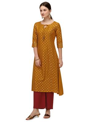 FIORRA Mustard Printed Muslin Silk A-line Long Kurtis 3