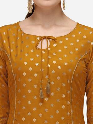 FIORRA Mustard Printed Muslin Silk A-line Long Kurtis 4