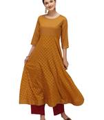 FIORRA Mustard Printed Muslin Silk Flared Long Kurtis