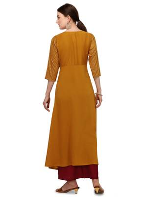 FIORRA Mustard Printed Muslin Silk Flared Long Kurtis 2