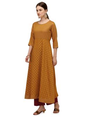 FIORRA Mustard Printed Muslin Silk Flared Long Kurtis 3