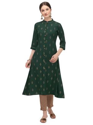 FIORRA Green Printed Rayon Cotton A-line Long Kurtis 1