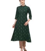 FIORRA Green Printed Rayon Cotton A-line Long Kurtis