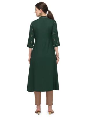 FIORRA Green Printed Rayon Cotton A-line Long Kurtis 2