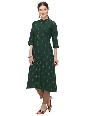FIORRA Green Printed Rayon Cotton A-line Long Kurtis 3