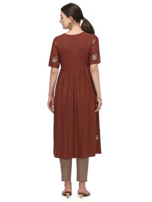 FIORRA Brown Floral Printed Rayon Cotton Party Wear Kurtis 2