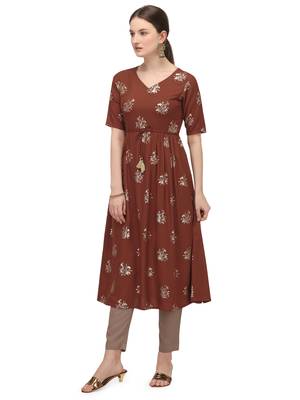 FIORRA Brown Floral Printed Rayon Cotton Party Wear Kurtis 3
