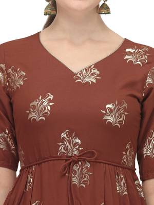 FIORRA Brown Floral Printed Rayon Cotton Party Wear Kurtis 4