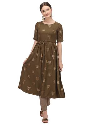 FIORRA Green Floral Printed Rayon Cotton Party Wear Kurtis 1