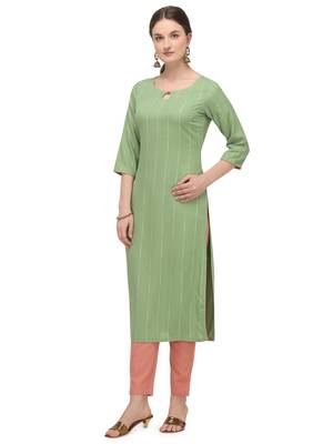 FIORRA Pista Green Printed Rayon Cotton Straight Long Kurtis 3