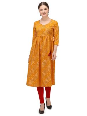 FIORRA Orange Printed Poly Crepe Flared kurti 1