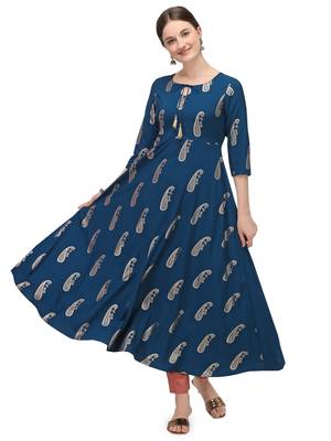 FIORRA Blue Printed Poly Crepe Flared kurti 1