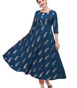 FIORRA Blue Printed Poly Crepe Flared kurti
