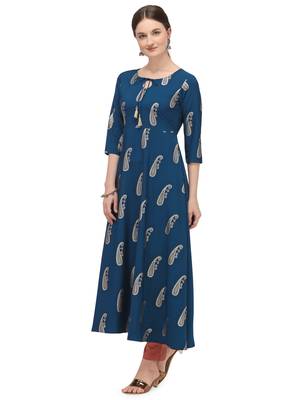 FIORRA Blue Printed Poly Crepe Flared kurti 3
