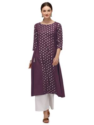 FIORRA Purple Printed Cotton Blend Flared kurti 1