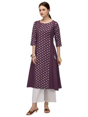 FIORRA Purple Printed Cotton Blend Flared kurti 3