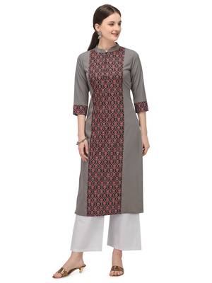 FIORRA Grey Printed Poly Crepe Straight Long Kurti 1