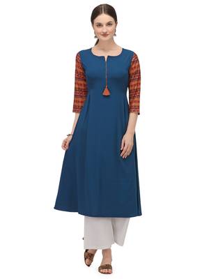 FIORRA Blue Printed Poly Crepe Flared Long Kurti 1