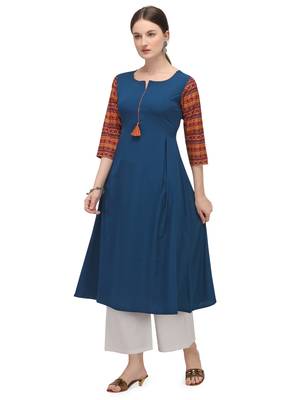 FIORRA Blue Printed Poly Crepe Flared Long Kurti 3