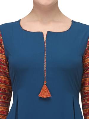 FIORRA Blue Printed Poly Crepe Flared Long Kurti 4