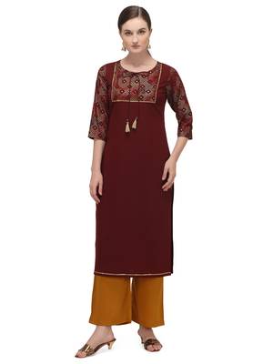 FIORRA Maroon Printed Poly Crepe Straight Long Kurti 1