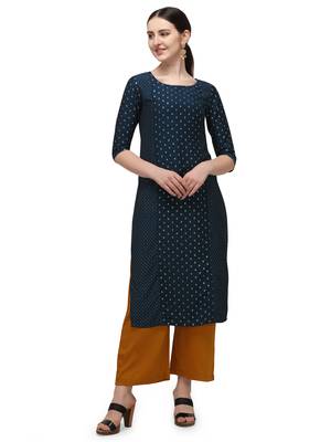 FIORRA Blue Gold Printed Muslin Silk Straight Long kurti 1