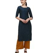 FIORRA Blue Gold Printed Muslin Silk Straight Long kurti