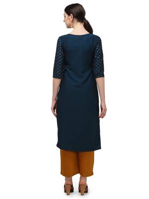 FIORRA Blue Gold Printed Muslin Silk Straight Long kurti 2
