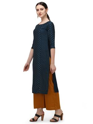 FIORRA Blue Gold Printed Muslin Silk Straight Long kurti 3