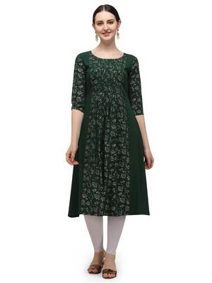 FIORRA Green Floral Printed Poly Crepe A-line kurti 1