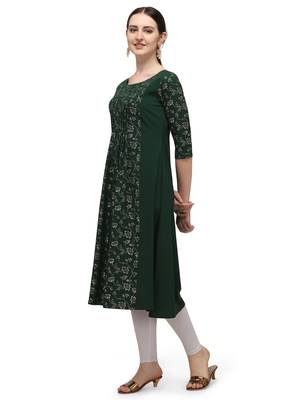 FIORRA Green Floral Printed Poly Crepe A-line kurti 3