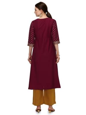 FIORRA Maroon Printed Muslin Silk Flared Party Wear Kurtis 2