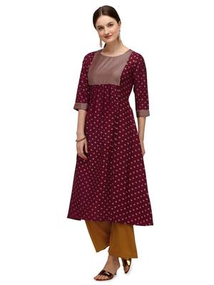FIORRA Maroon Printed Muslin Silk Flared Party Wear Kurtis 3