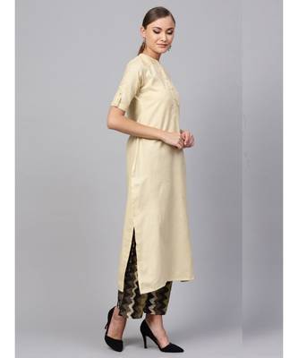 Indo Era Beige Solid Straight Kurta 4