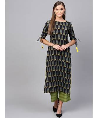 Indo Era Navy Blue Ethnic Motifs Straight Kurtas 1