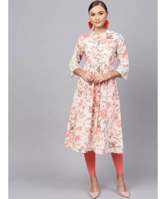 Indo Era Off White Floral A-Line Kurtas 1