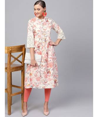 Indo Era Off White Floral A-Line Kurtas 5