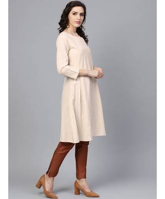 Indo Era Beige Solid A-Line Kurtas 4