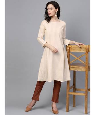 Indo Era Beige Solid A-Line Kurtas 1