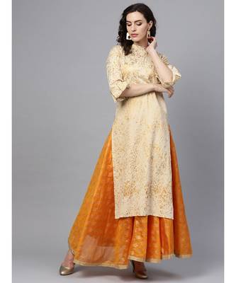 Indo Era Beige Foil Printed Straight Kurtas 1