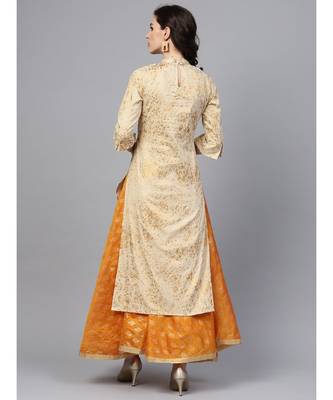 Indo Era Beige Foil Printed Straight Kurtas 2