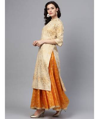 Indo Era Beige Foil Printed Straight Kurtas 3