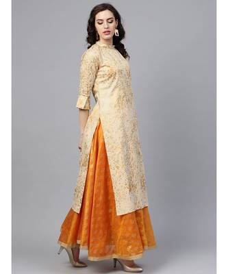 Indo Era Beige Foil Printed Straight Kurtas 4