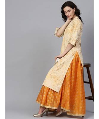 Indo Era Beige Foil Printed Straight Kurtas 5
