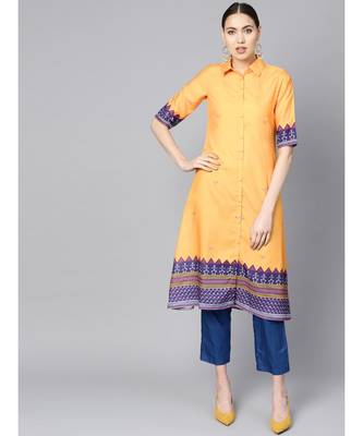 Indo Era Yellow Printed A-Line Kurtas 1