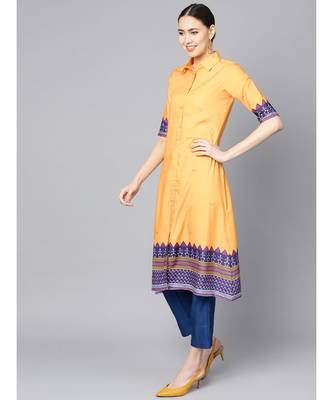 Indo Era Yellow Printed A-Line Kurtas 3