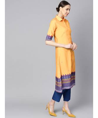 Indo Era Yellow Printed A-Line Kurtas 4
