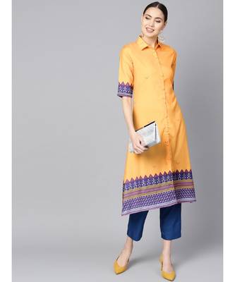 Indo Era Yellow Printed A-Line Kurtas 5